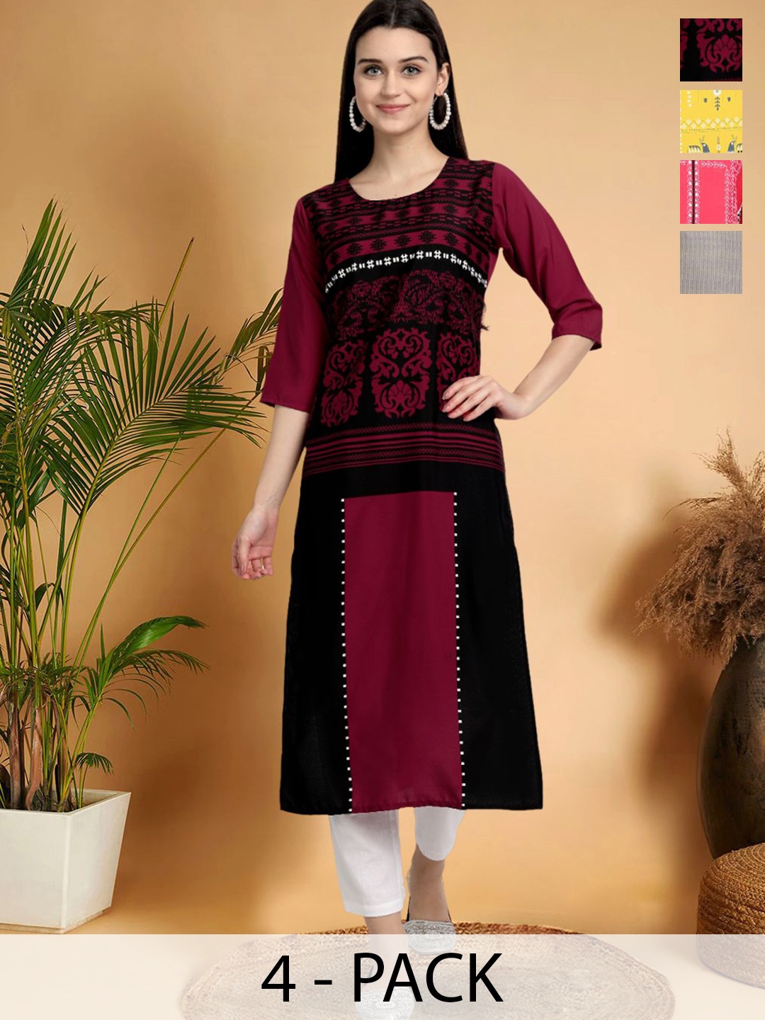 

7Threads Selection Of 4 Ethnic Motifs Printed Straight Kurtas, Burgundy