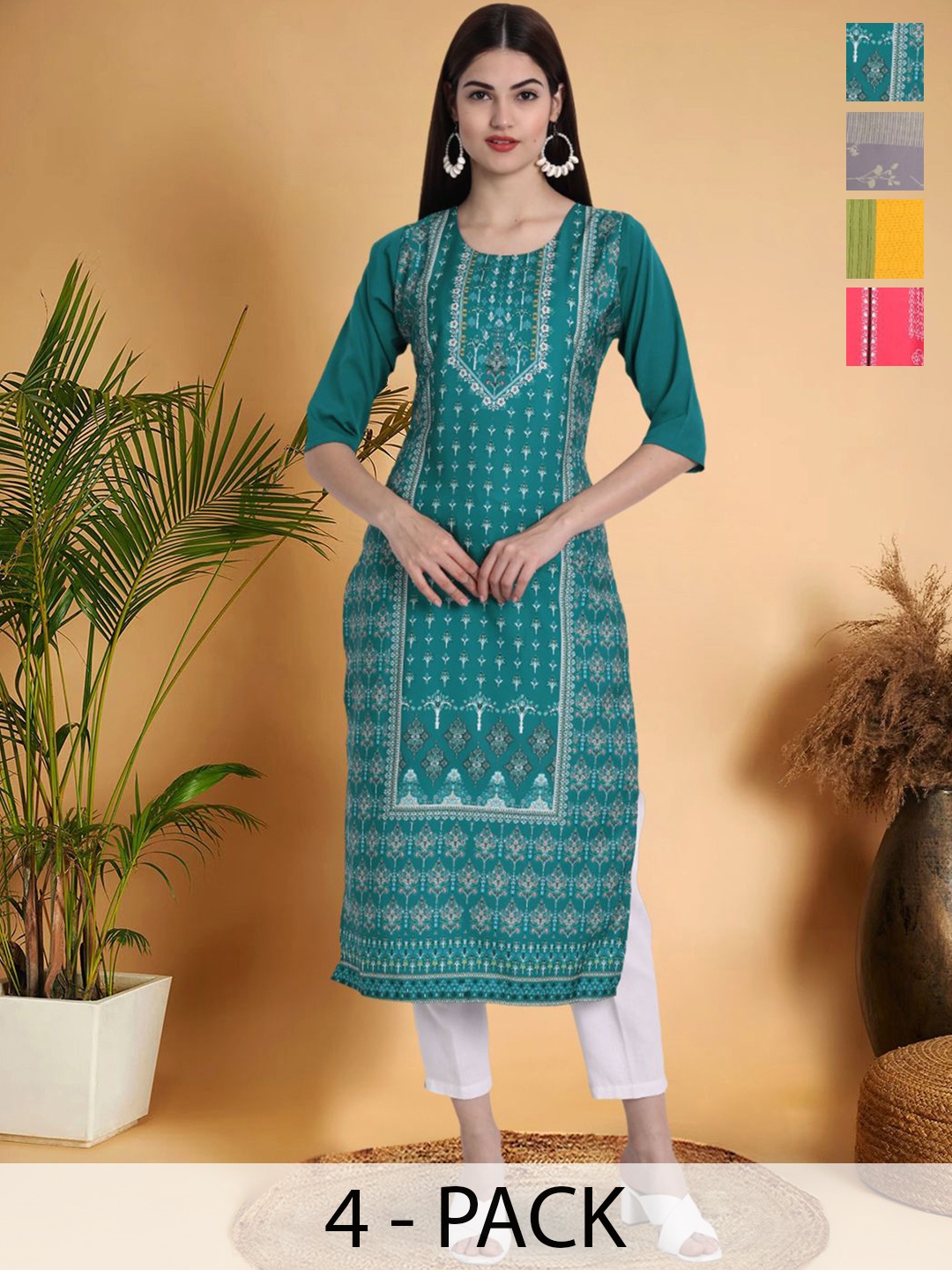

7Threads Selection Of 4 Ethnic Motifs Printed Straight Kurtas, Blue