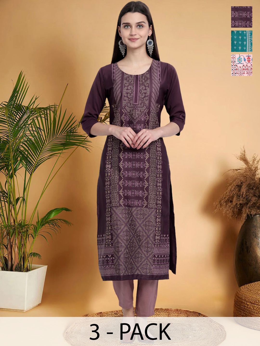 

7Threads Selection Of 3 Ethnic Motifs Printed Round Neck Straight Kurtas, Purple