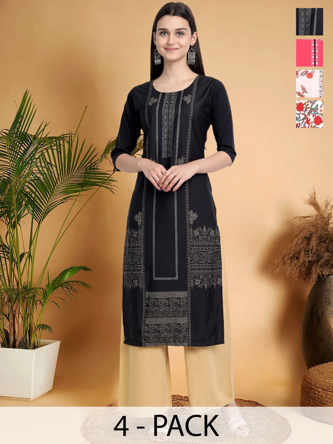 7Threads Selection Of 4 Ethnic Motifs Printed Round Neck Straight Kurtas, Black