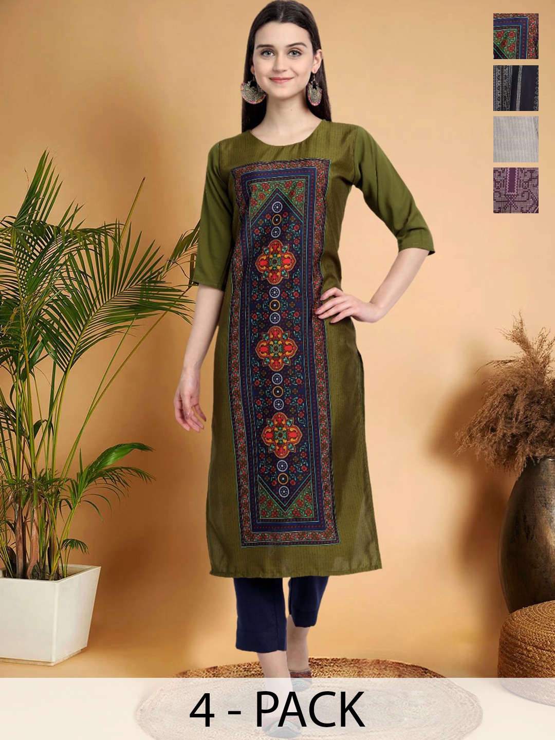 

7Threads Selection Of 4 Ethnic Motifs Printed Round Neck Straight Kurtas, Green