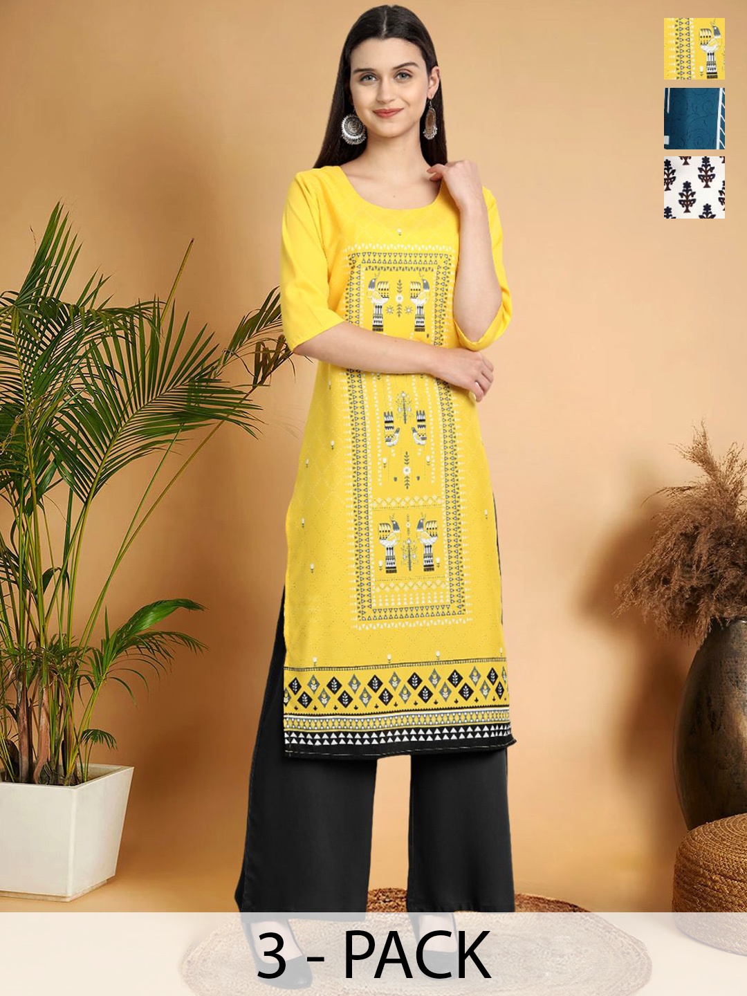 

7Threads Selection Of 3 Ethnic Motifs Printed Round Neck Straight Kurtas, Yellow