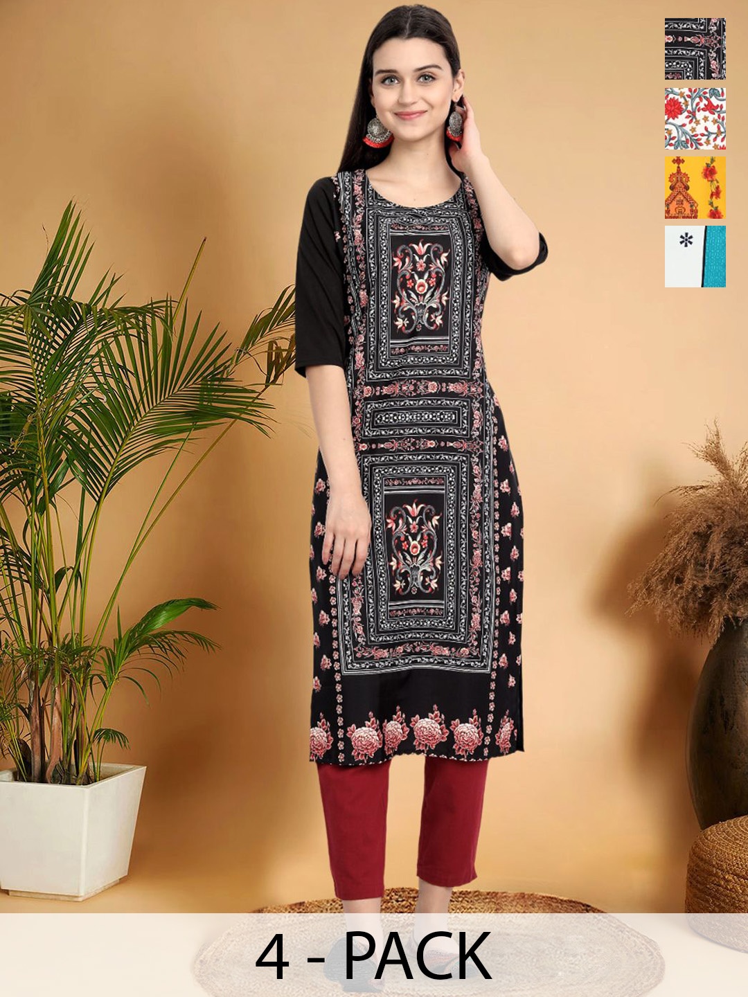 

7Threads Selection Of 4 Floral Printed Round Neck Straight Kurtas, Black