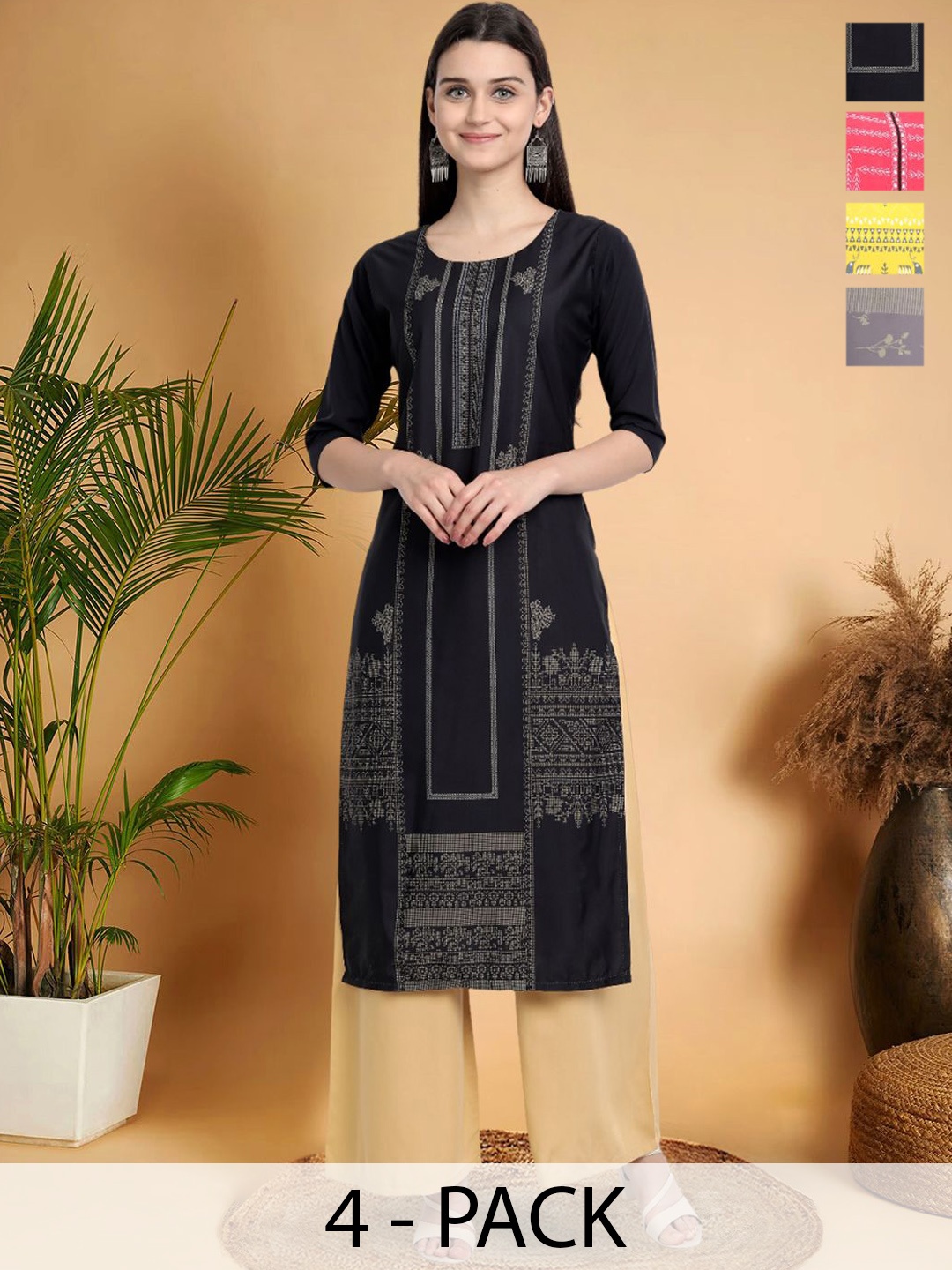 

7Threads Selection Of 4 Ethnic Motifs Printed Round Neck Straight Kurtas, Black