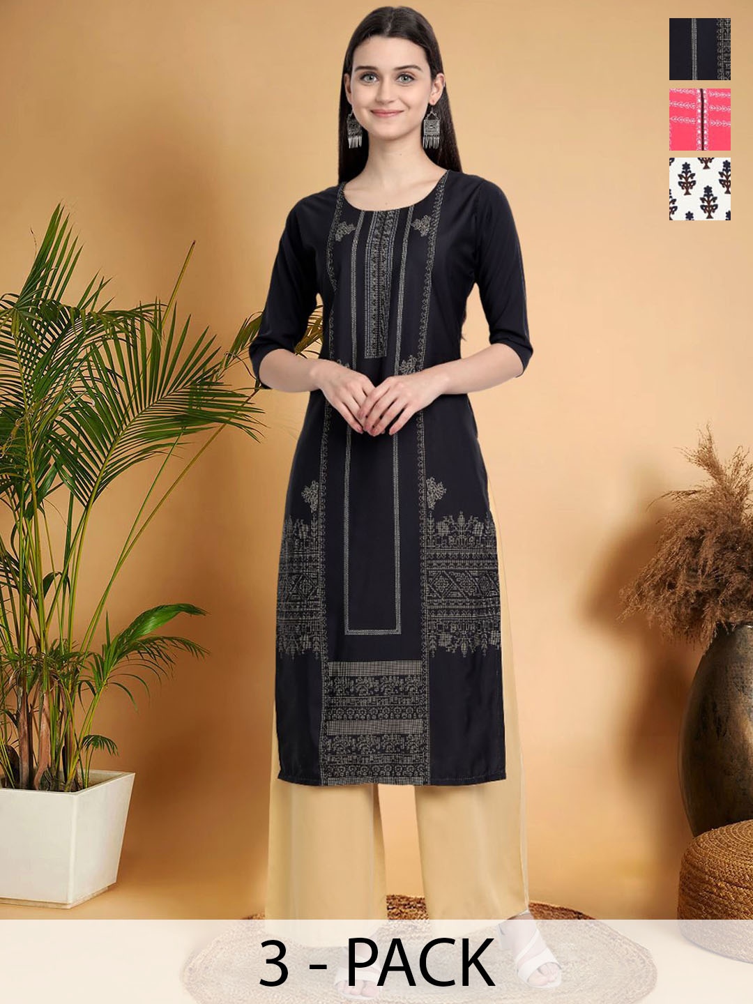 

7Threads Selection Of 3 Ethnic Motifs Printed Round Neck Straight Kurtas, Black