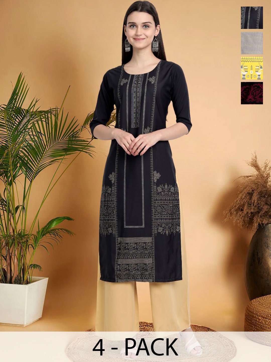 

7Threads Selection Of 4 Ethnic Motifs Printed Round Neck Straight Kurtas, Black