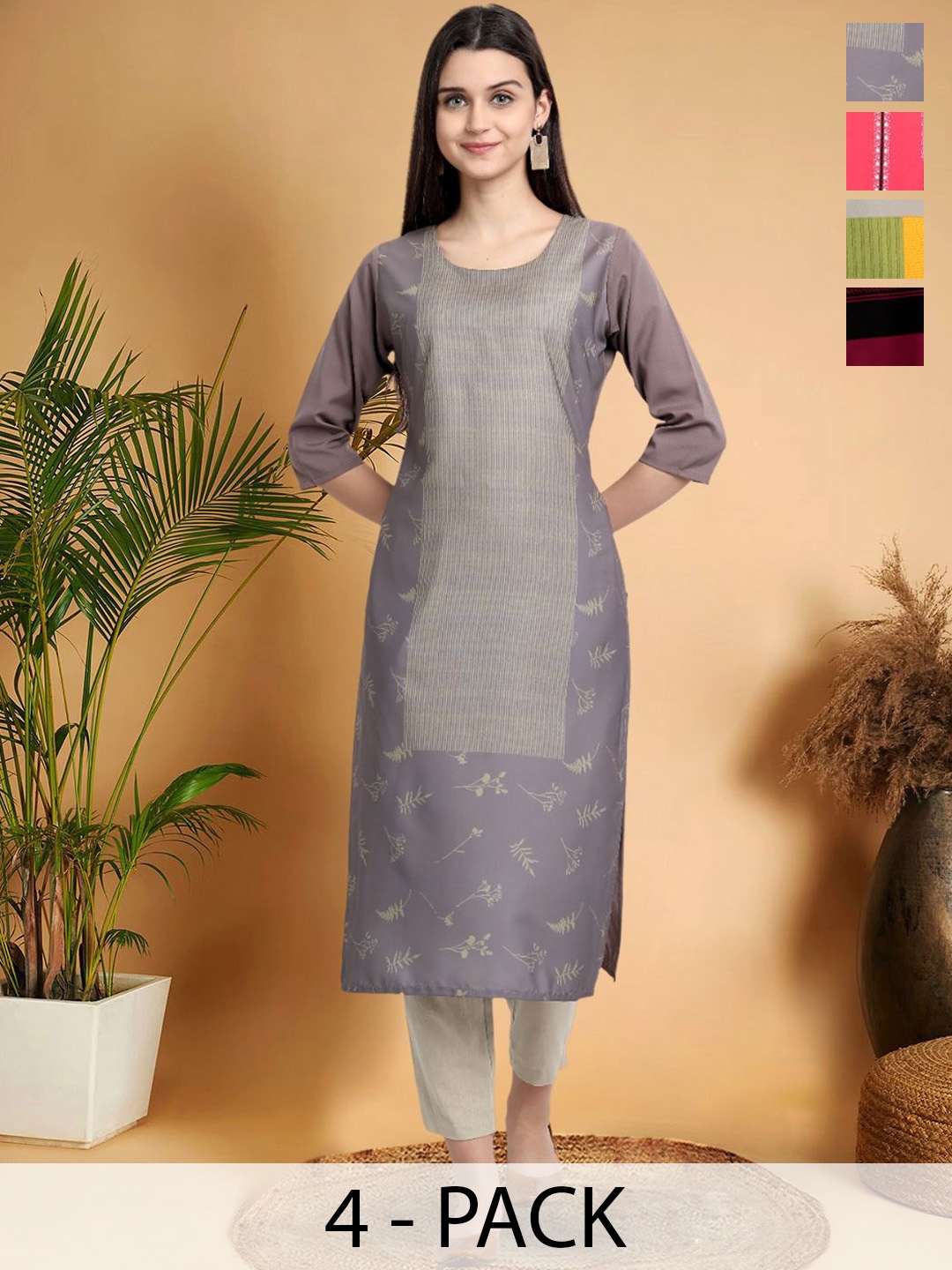 

7Threads Selection Of 4 Floral Printed Round Neck Straight Kurtas, Grey