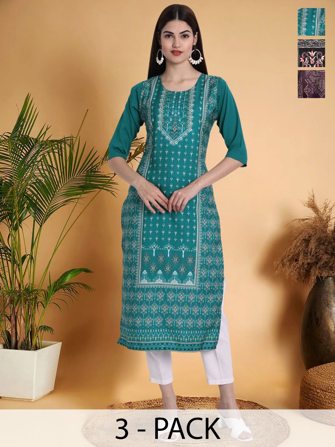 

7Threads Selection Of 3 Ethnic Motifs Printed Round Neck Straight Kurtas, White