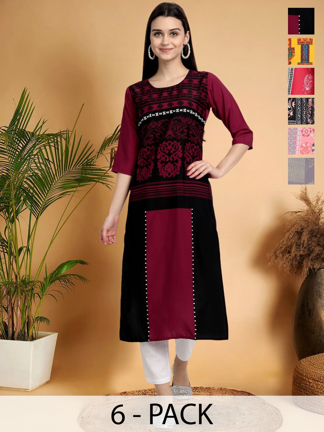 

7Threads Selection Of 6 Ethnic Motifs Printed Round Neck Straight Kurtas, Black
