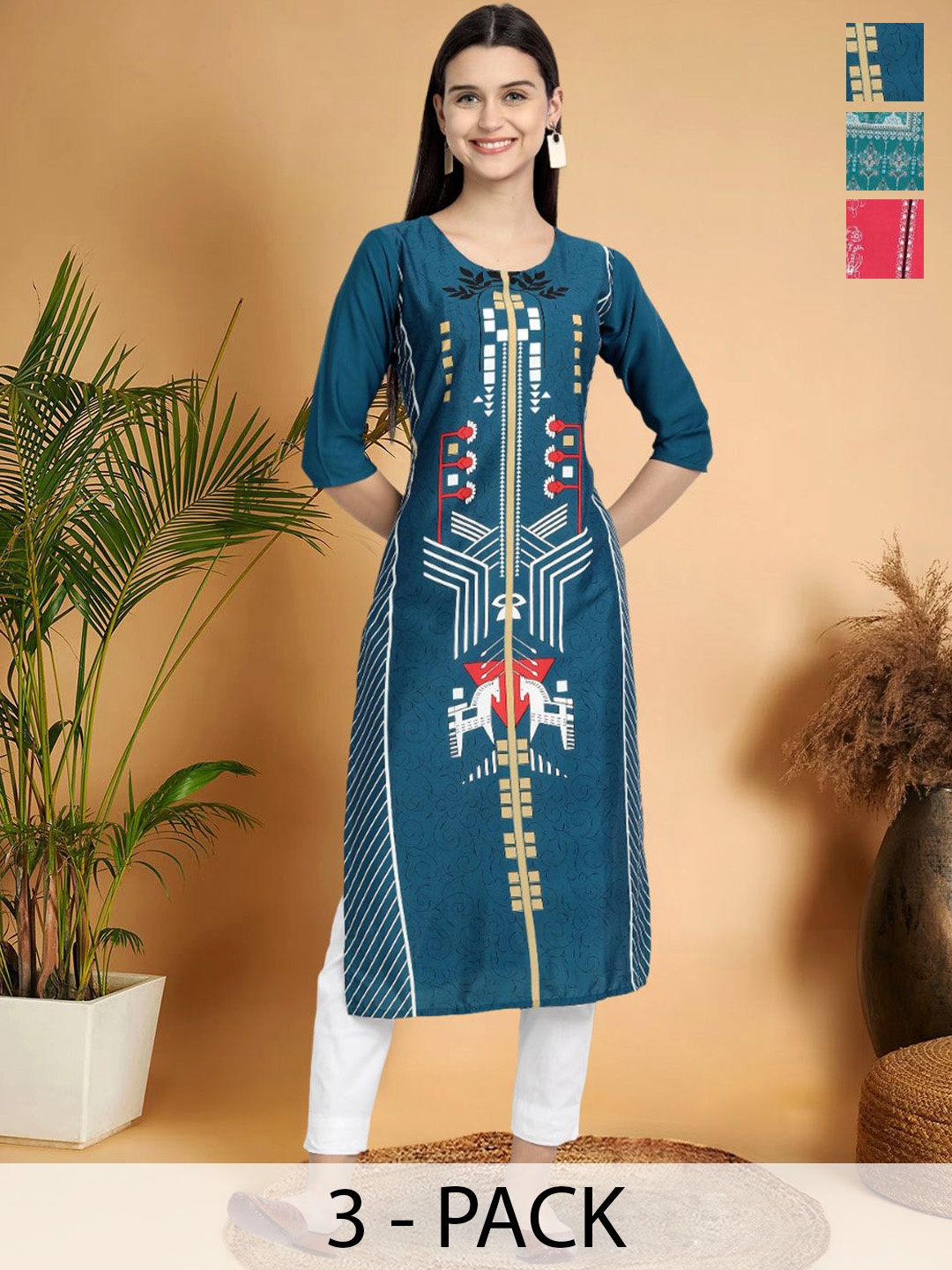 

7Threads Selection Of 3 Ethnic Motifs Printed Round Neck Straight Kurtas, Blue