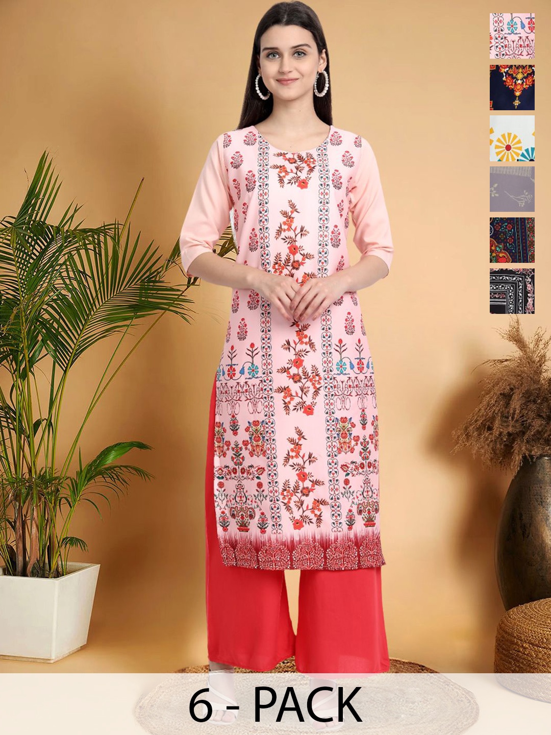 

7Threads Selection Of 6 Floral Printed Round Neck Straight Kurtas, Pink