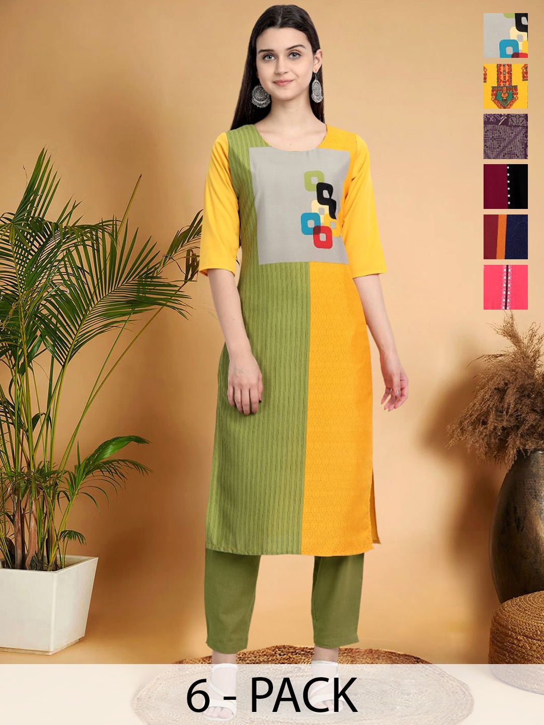 

7Threads Selection Of 6 Colourblocked Printed Round Neck Straight Kurtas, Green