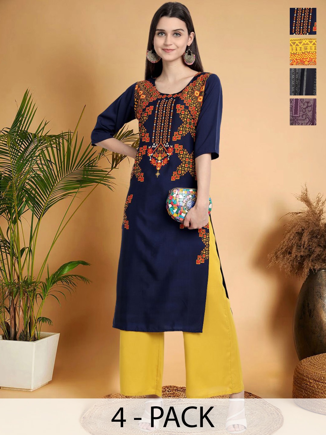 

7Threads Selection Of 4 Ethnic Motifs Printed Round Neck Straight Kurtas, Navy blue