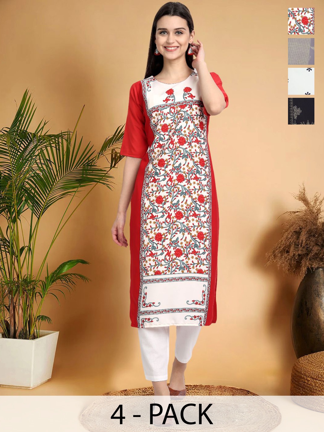 

7Threads Selection Of 4 Floral Printed Round Neck Straight Kurtas, Red