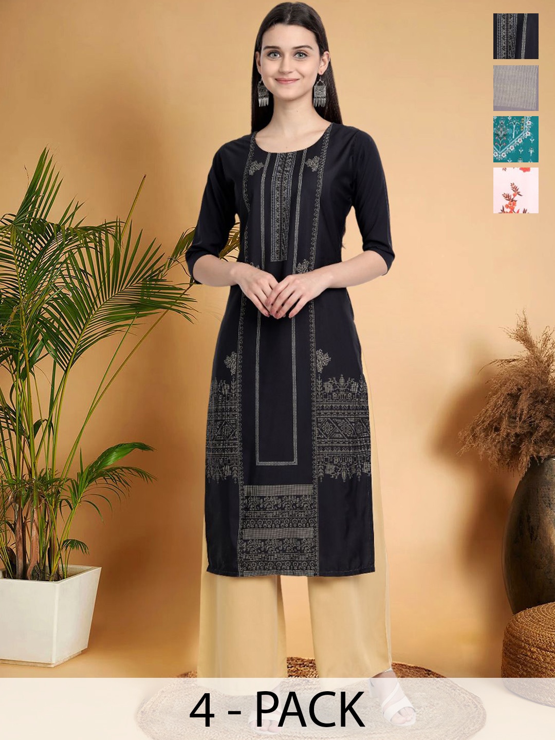 

7Threads Selection Of 4 Ethnic Motifs Printed Round Neck Straight Kurtas, Black