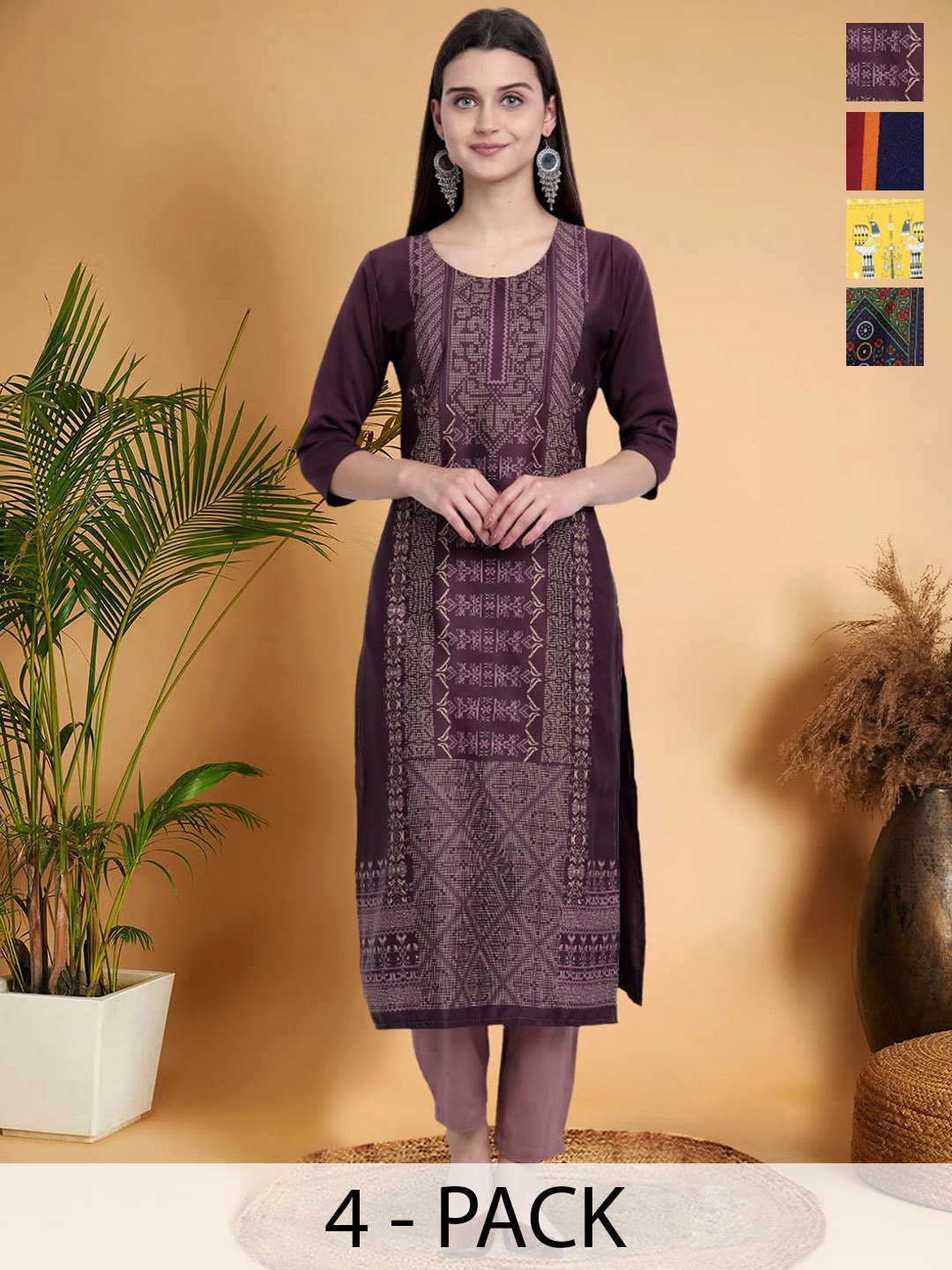 

7Threads Selection Of 4 Ethnic Motifs Printed Round Neck Straight Kurtas, Purple