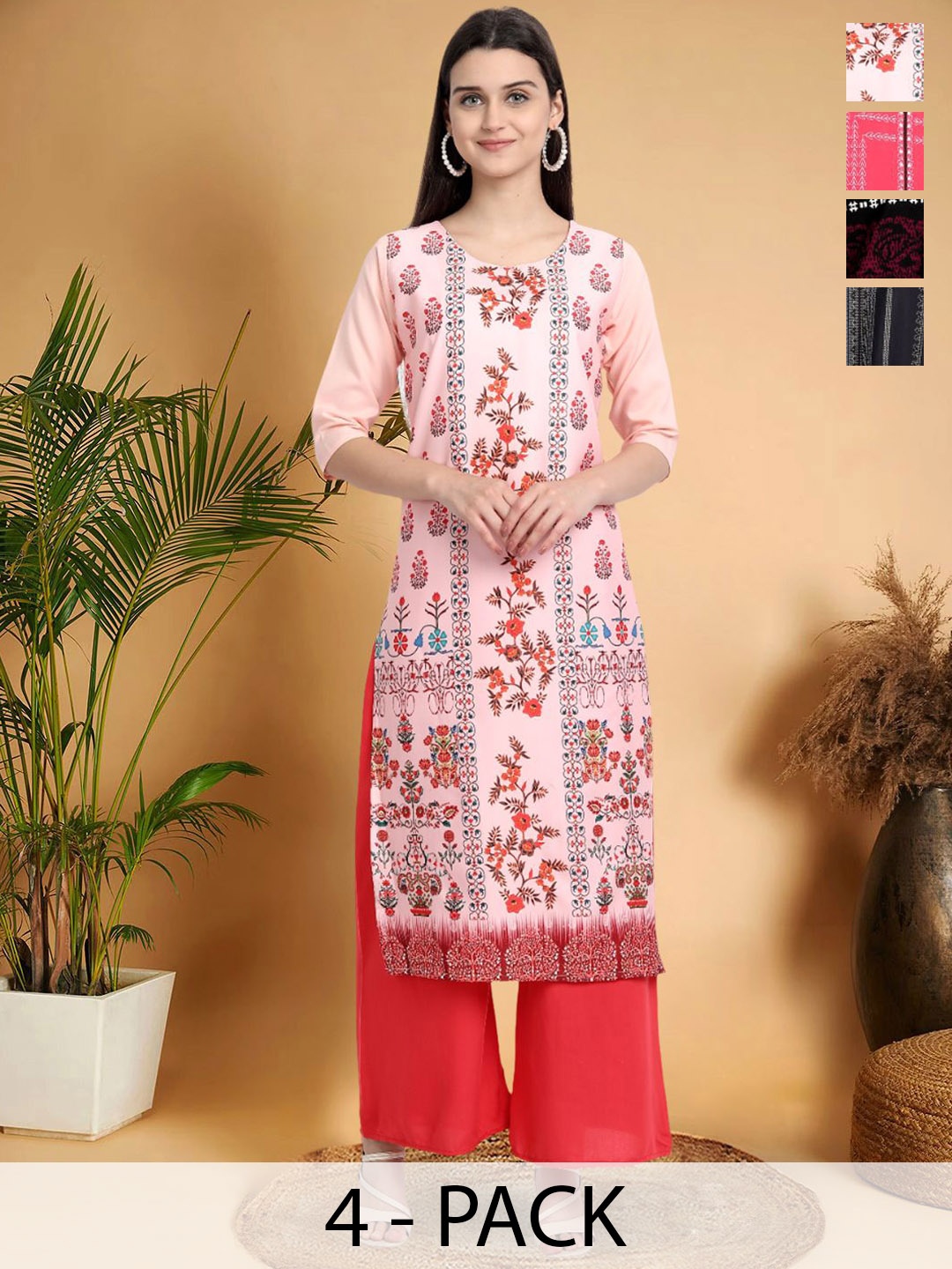 

7Threads Selection Of 4 Floral Printed Round Neck Straight Kurtas, Peach