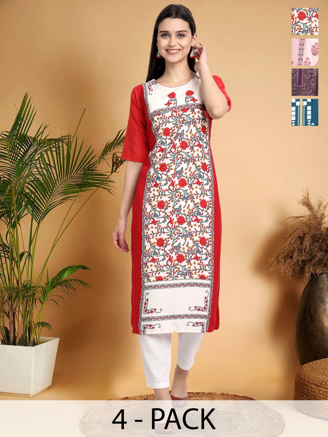 

7Threads Selection Of 4 Floral Printed Round Neck Straight Kurtas, Red