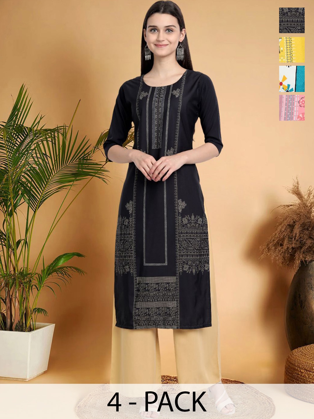 

7Threads Selection Of 4 Ethnic Motifs Printed Round Neck Straight Kurtas, Black