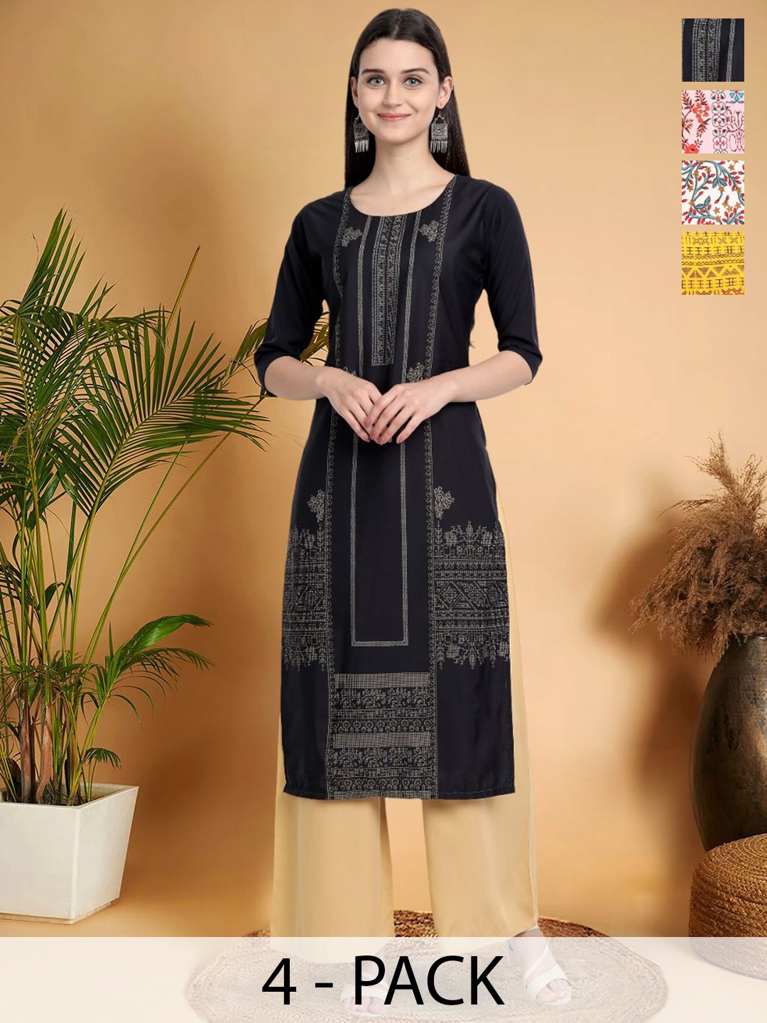 

7Threads Selection Of 4 Ethnic Motif Printed Round Neck Straight Kurtas, Black