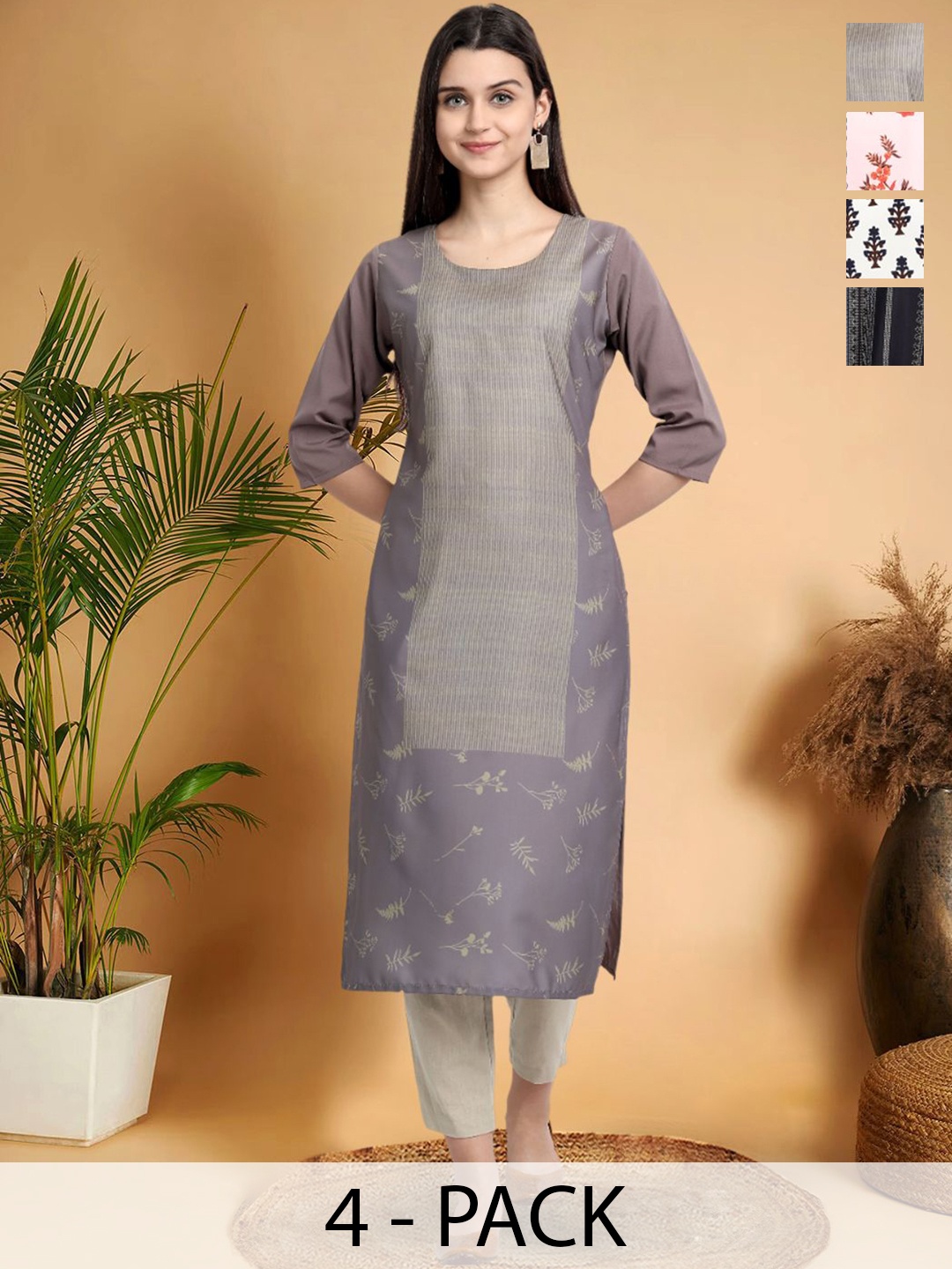 

7Threads Selection Of 4 Floral Printed Round Neck Straight Kurtas, Purple