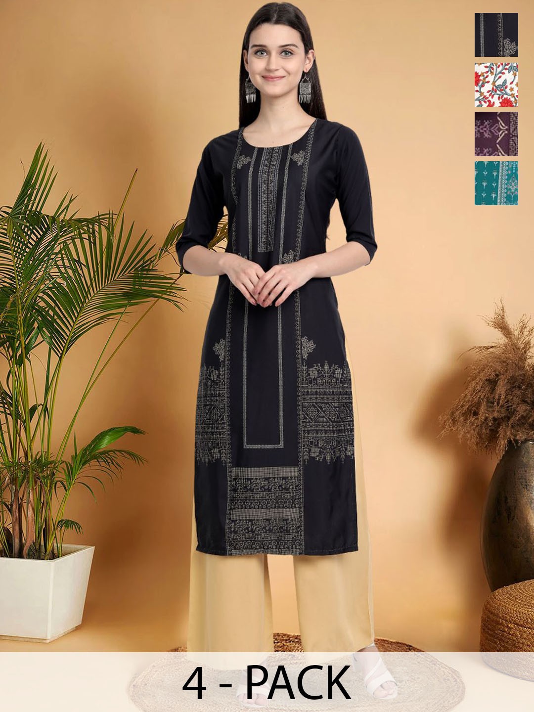 

7Threads Selection Of 4 Ethnic Motif Printed Round Neck Straight Kurtas, Black