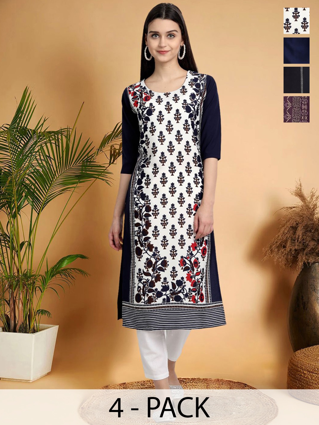 

7Threads Selection Of 4 Floral Printed Round Neck Straight Kurtas, Black