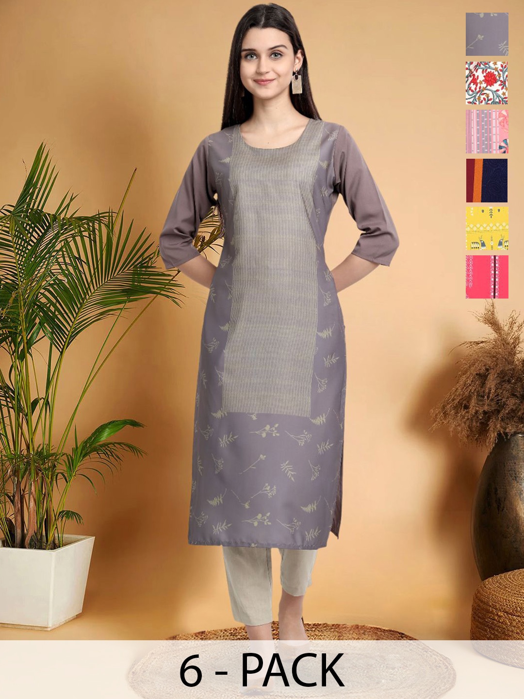 7Threads Selection Of 6 Floral Printed Round Neck Straight Kurtas, Purple