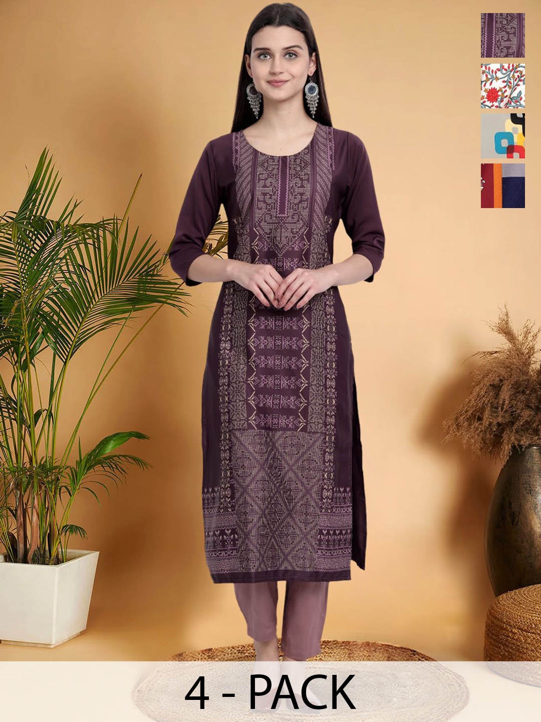 

7Threads Selection Of 4 Ethnic Motif Printed Round Neck Straight Kurta, Purple