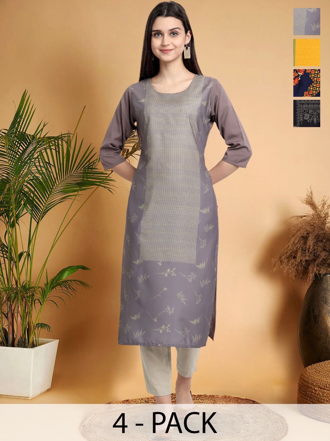 

7Threads Selection Of 4 Floral Printed Round Neck Straight Kurtas, Purple