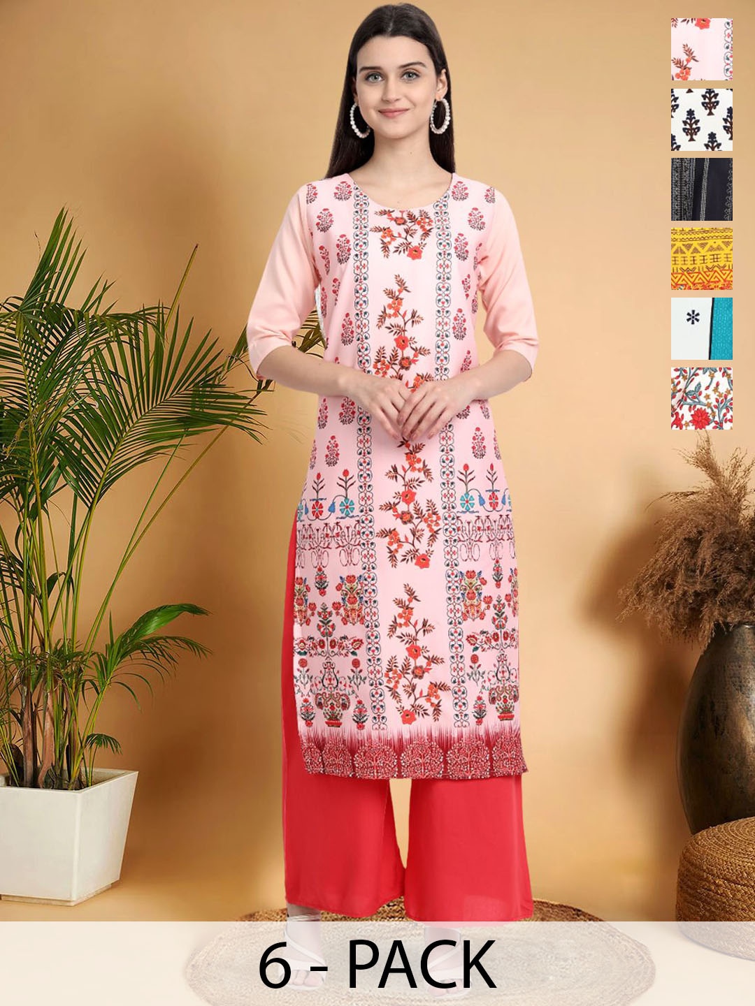 

7Threads Selection Of 6 Ethnic Motifs Printed Round Neck Straight Kurtas, Peach