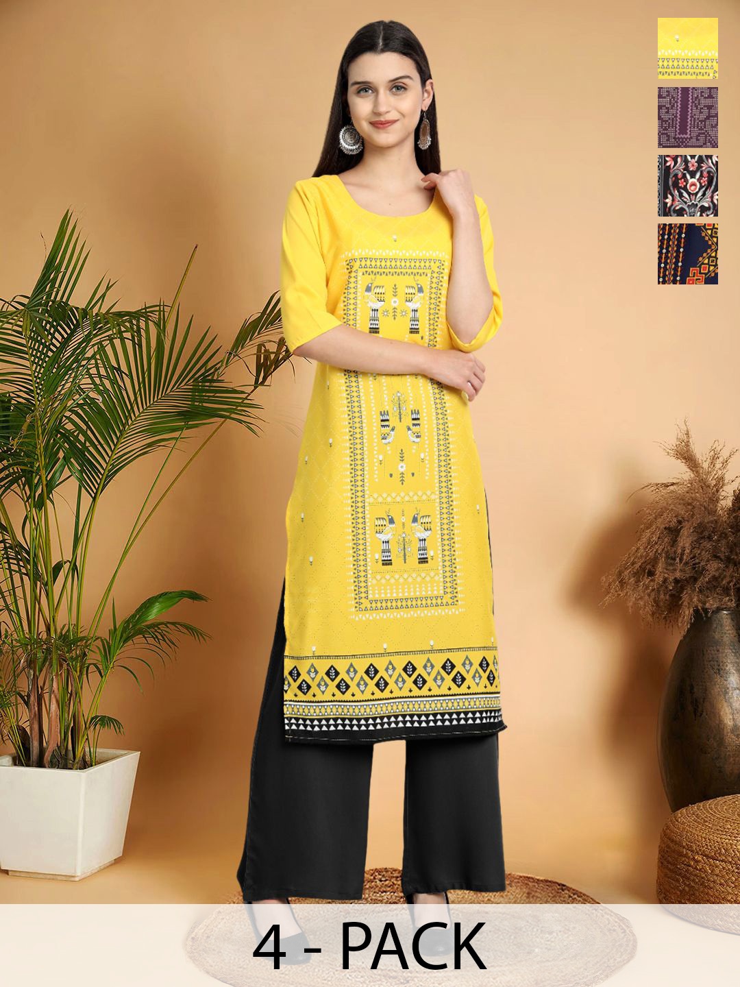 

7Threads Selection Of 4 Ethnic Motif Printed Round Neck Straight Kurtas, Yellow