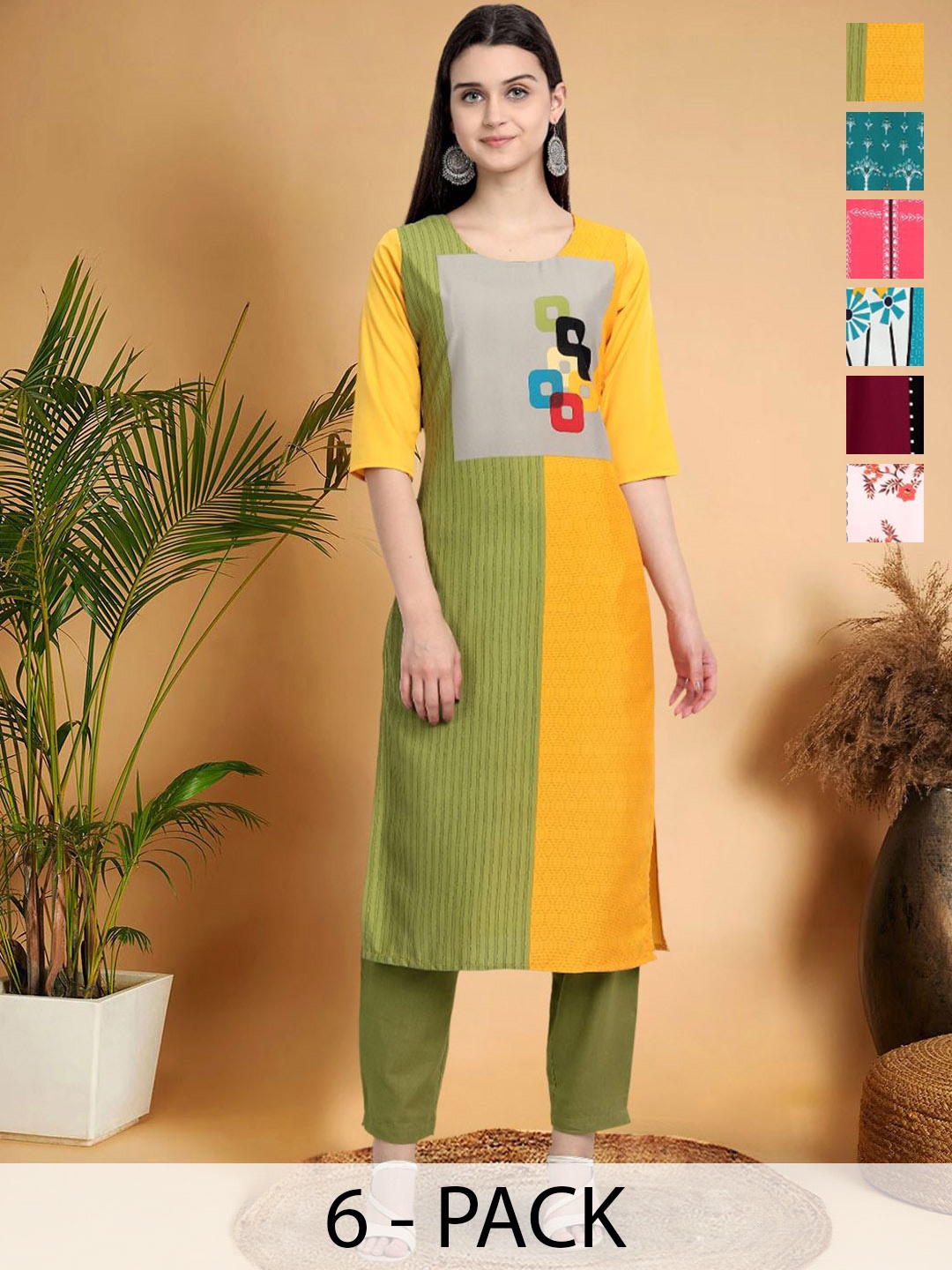 7Threads Selection Of 6 Colourblocked Printed Round Neck Straight Kurtas, Green