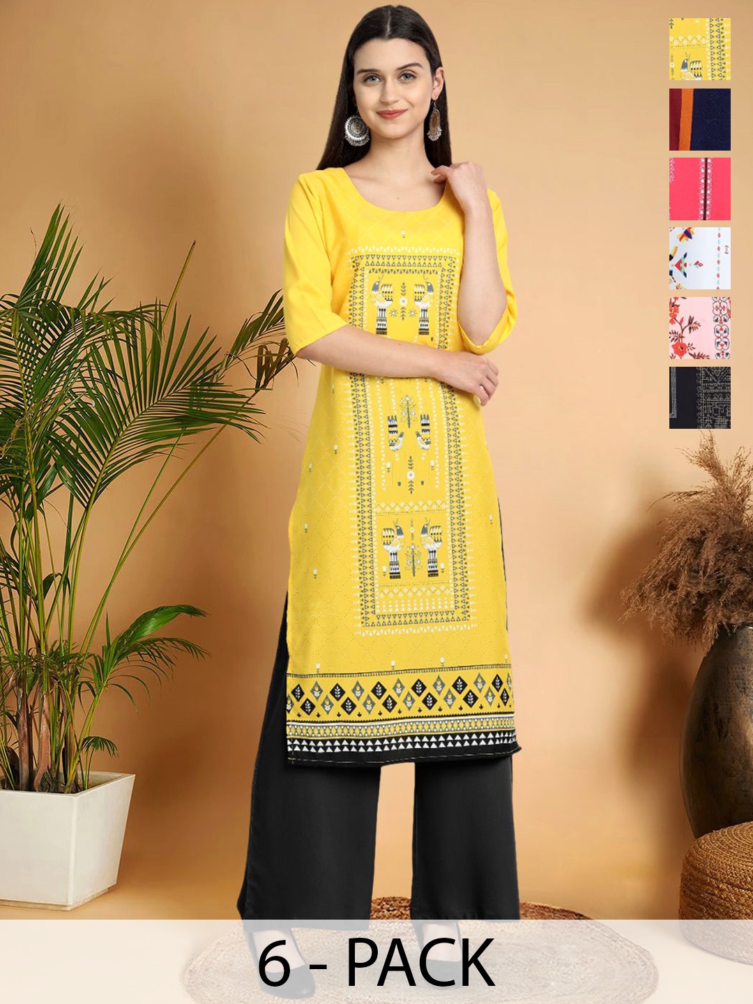 7Threads Selection Of 6 Geometric Printed Round Neck Straight Kurtas, Yellow