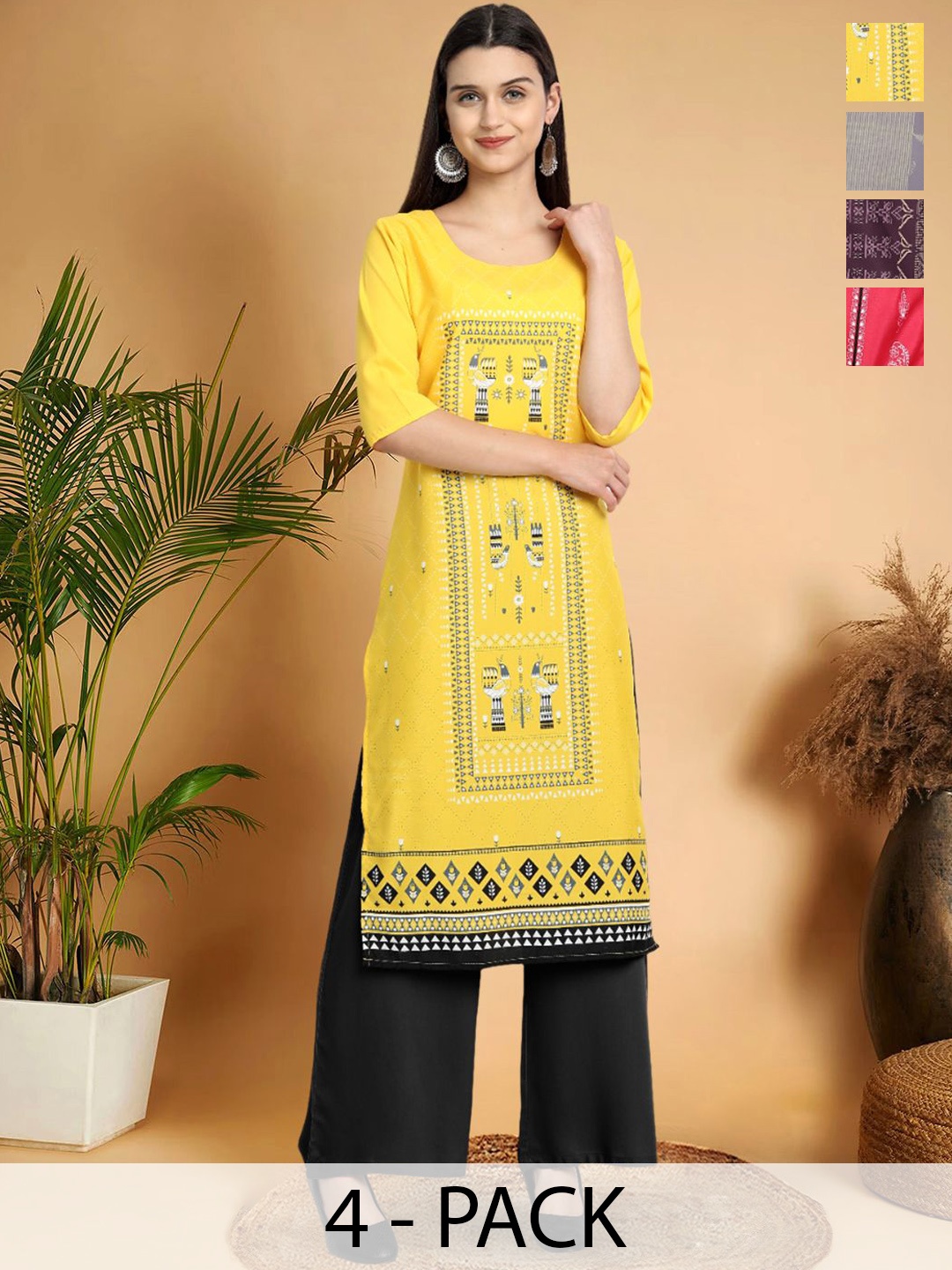 

7Threads Selection Of 4 Ethnic Motifs Printed Round Neck Straight Kurtas, Yellow