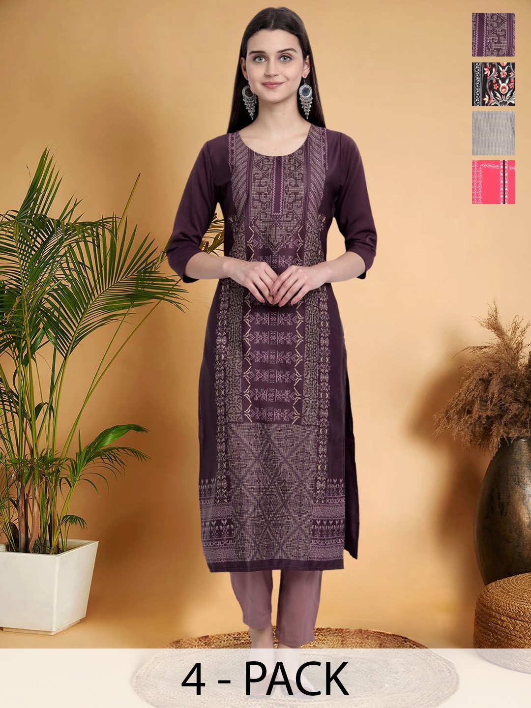 

7Threads Selection Of 4 Ethnic Motifs Printed Round Neck Straight Kurtas, Purple