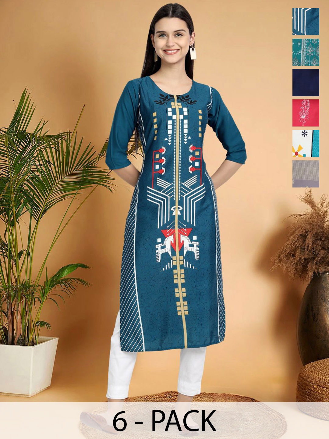 

7Threads Selection Of 6 Ethnic Motifs Printed Round Neck Straight Kurtas, Teal