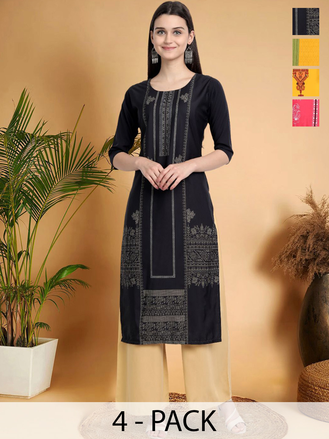 

7Threads Selection Of 4 Ethnic Motifs Printed Round Neck Straight Kurtas, Black