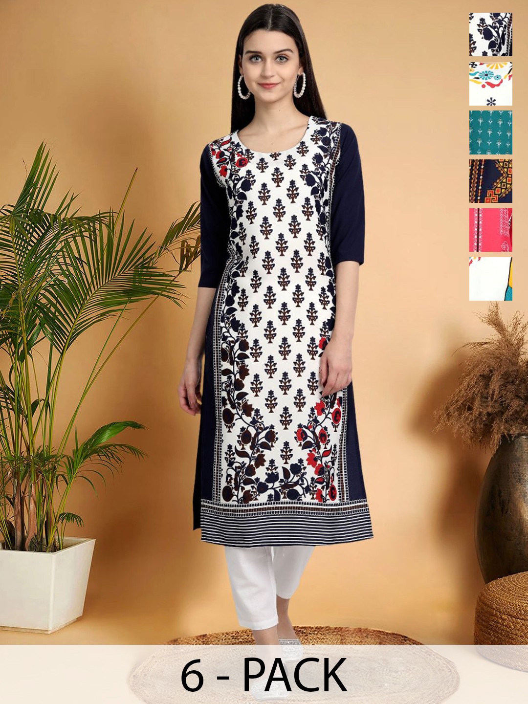 

7Threads Selection Of 6 Ethnic Motifs Printed Round Neck Straight Kurtas, White