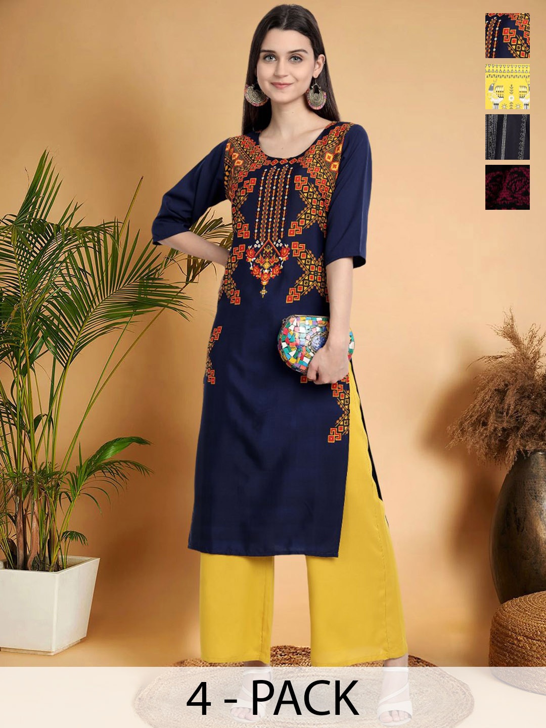 

7Threads Selection Of 4 Ethnic Motifs Printed Round Neck Straight Kurtas, Navy blue
