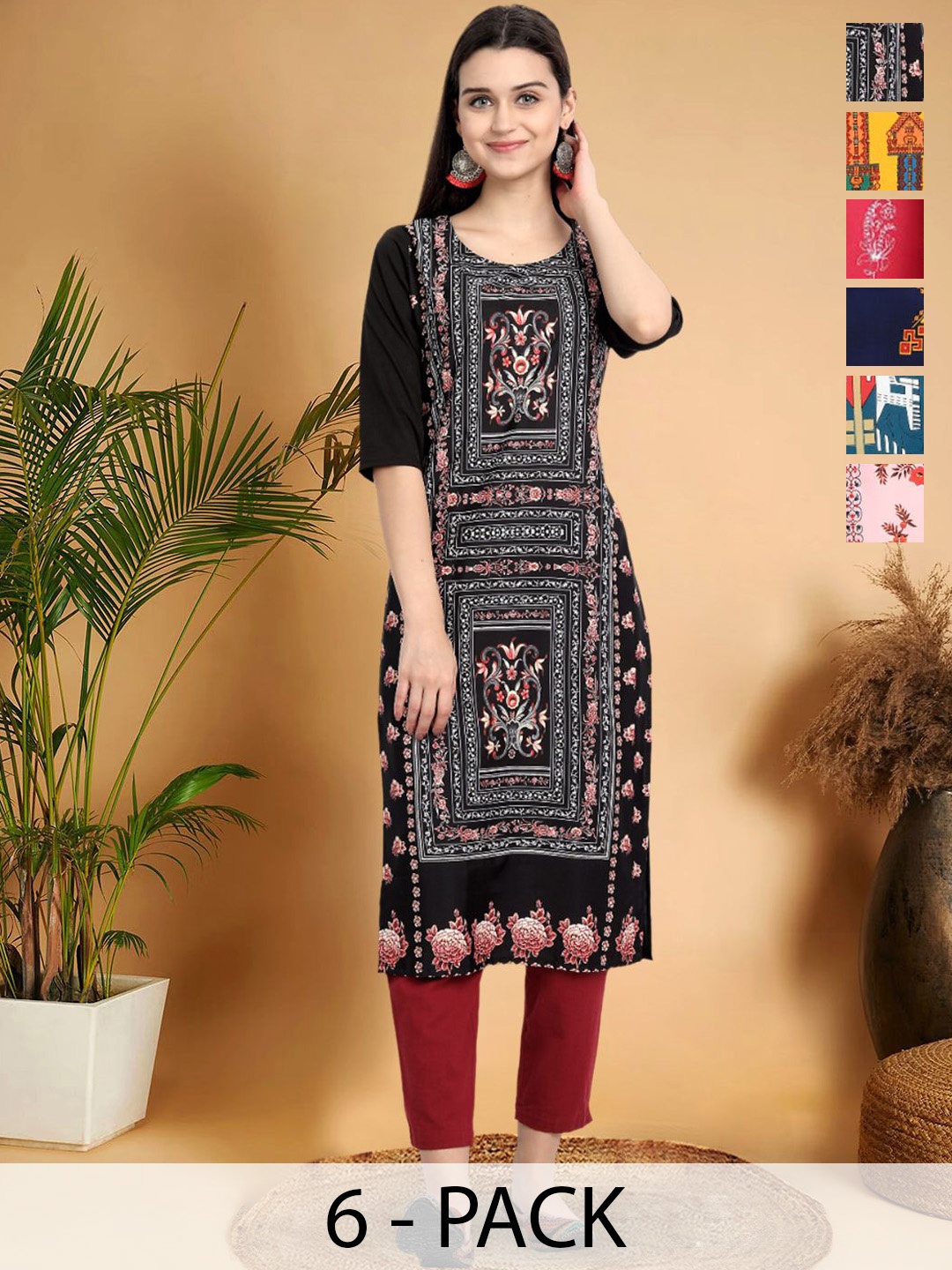 

7Threads Ethnic Motifs Printed Thread Work Floral Crepe Straight Kurta, Multi