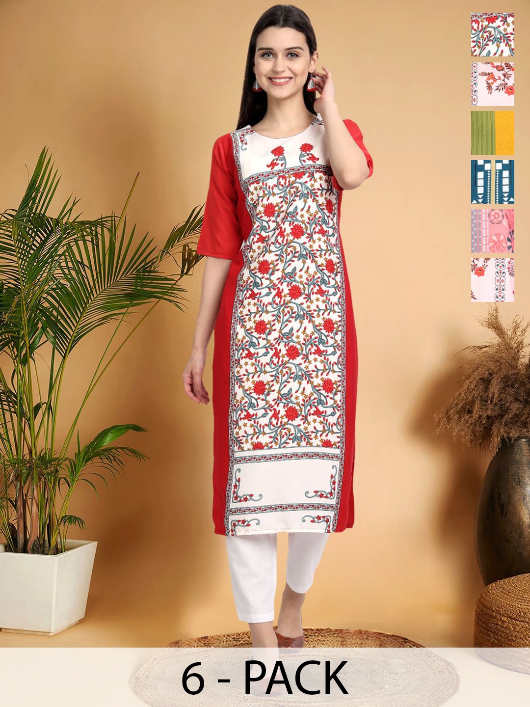 7Threads Ethnic Motifs Printed Thread Work Floral Crepe Straight Kurta, Multi