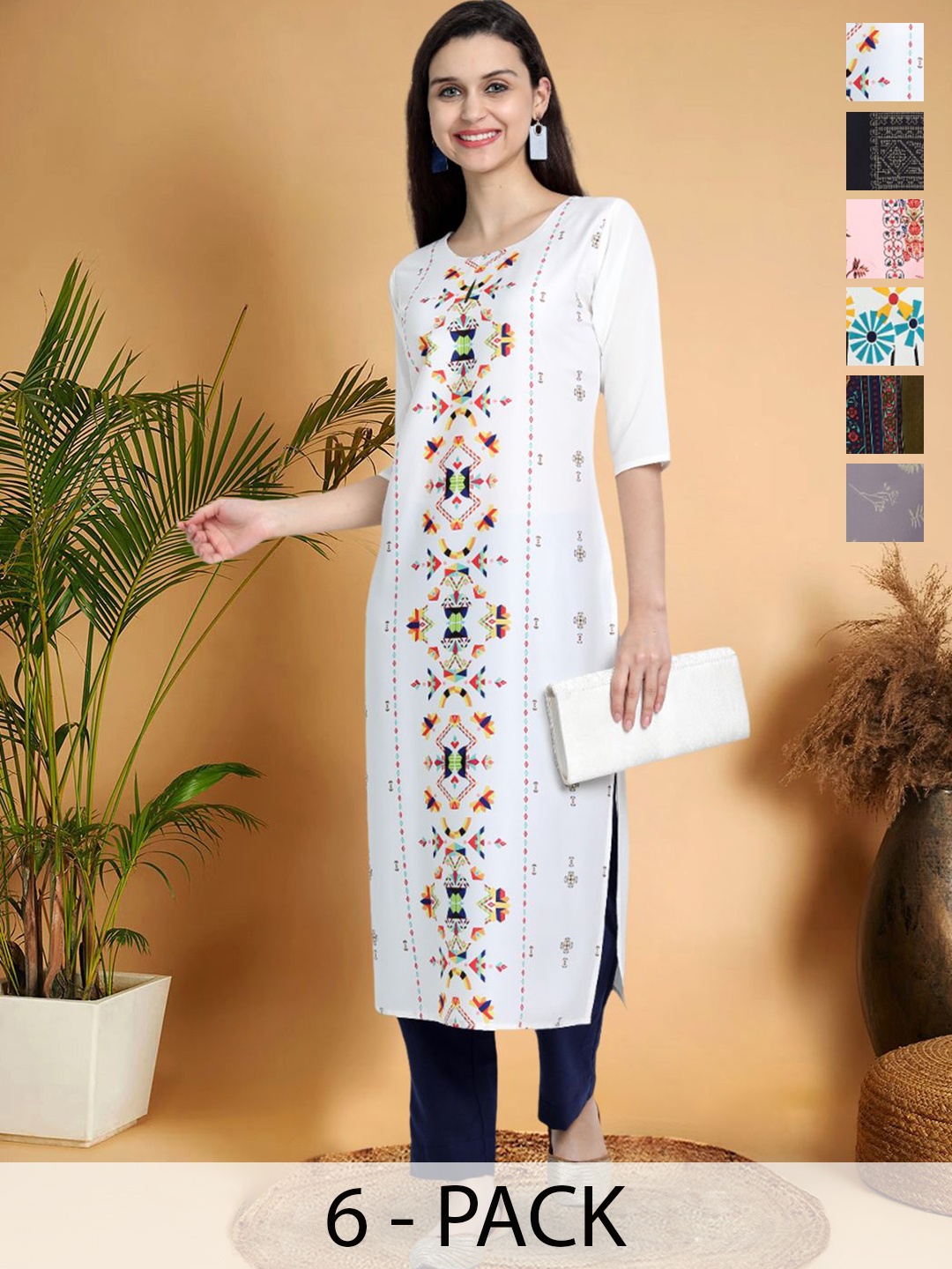

7Threads Ethnic Motifs Printed Thread Work Crepe Straight Kurta, Multi