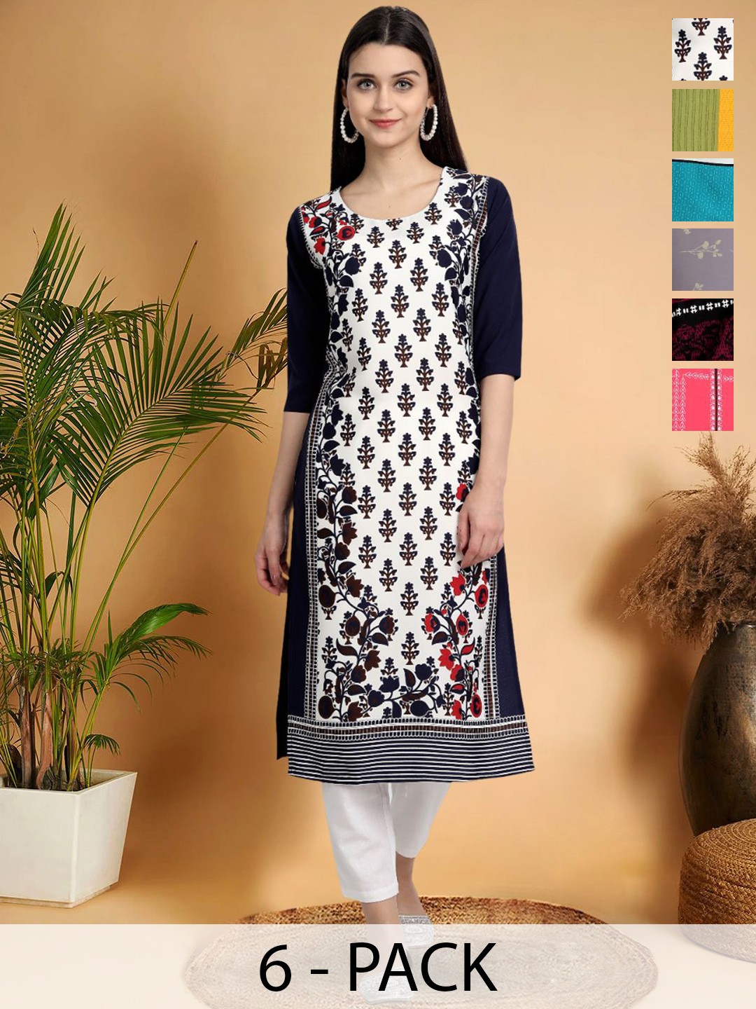 

7Threads Selection Of 6 Floral Printed Round Neck Straight Kurtas, Black