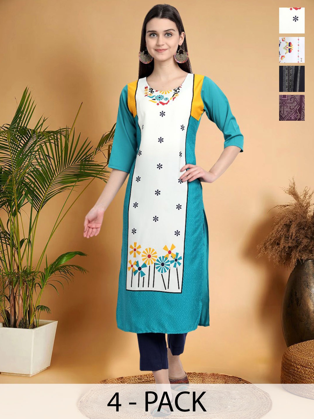 

7Threads Selection Of 4 Floral Printed Round Neck Straight Kurtas, White