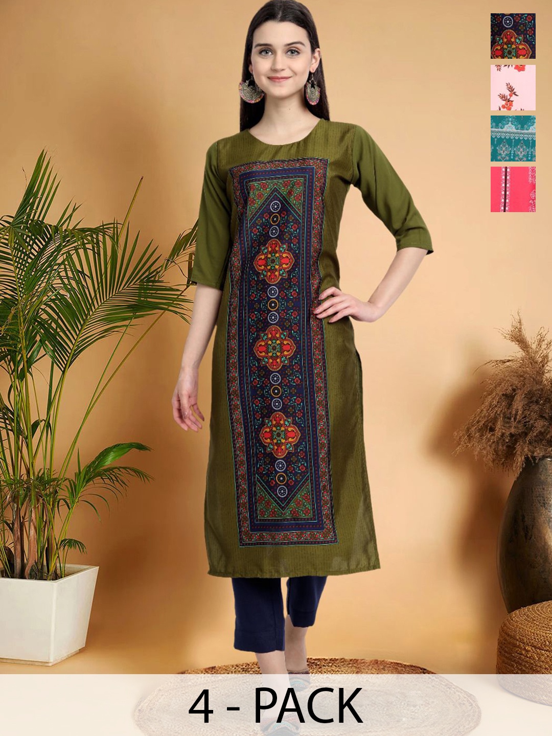 

7Threads Selection Of 4 Floral Printed Round Neck Straight Kurtas, Green