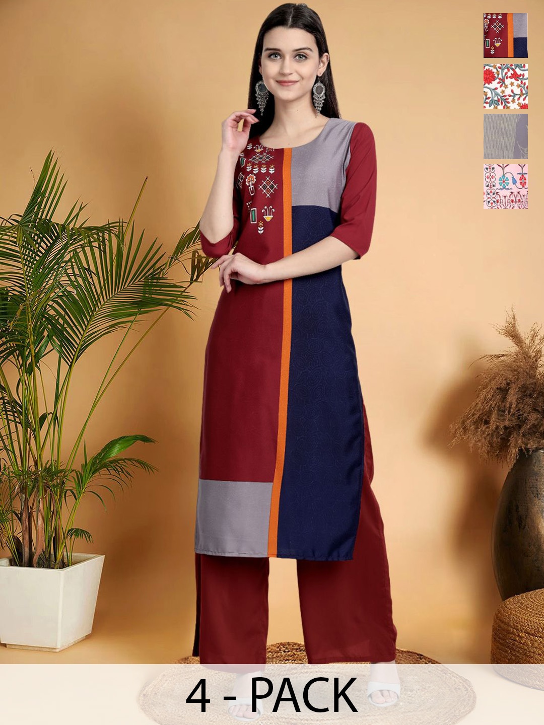 

7Threads Selection Of 4 Colourblocked Printed Round Neck Straight Kurtas, Red
