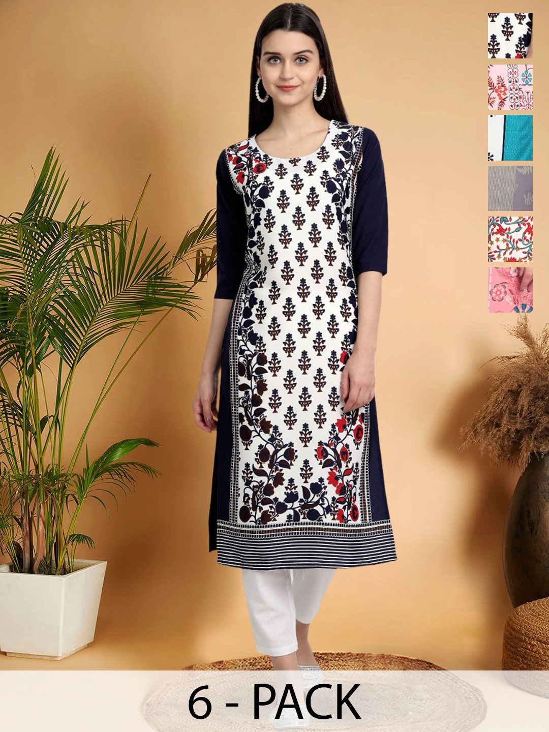 

7Threads Selection Of 6 Floral Printed Round Neck Straight Kurtas, White