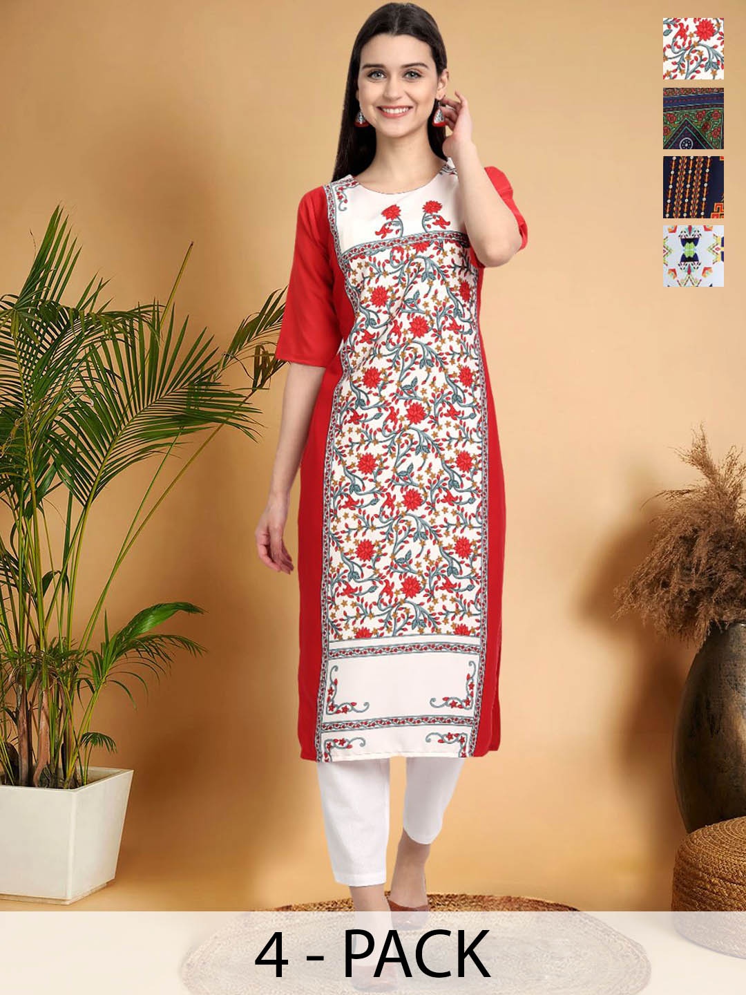 

7Threads Selection Of 4 Floral Printed Round Neck Straight Kurtas, Red