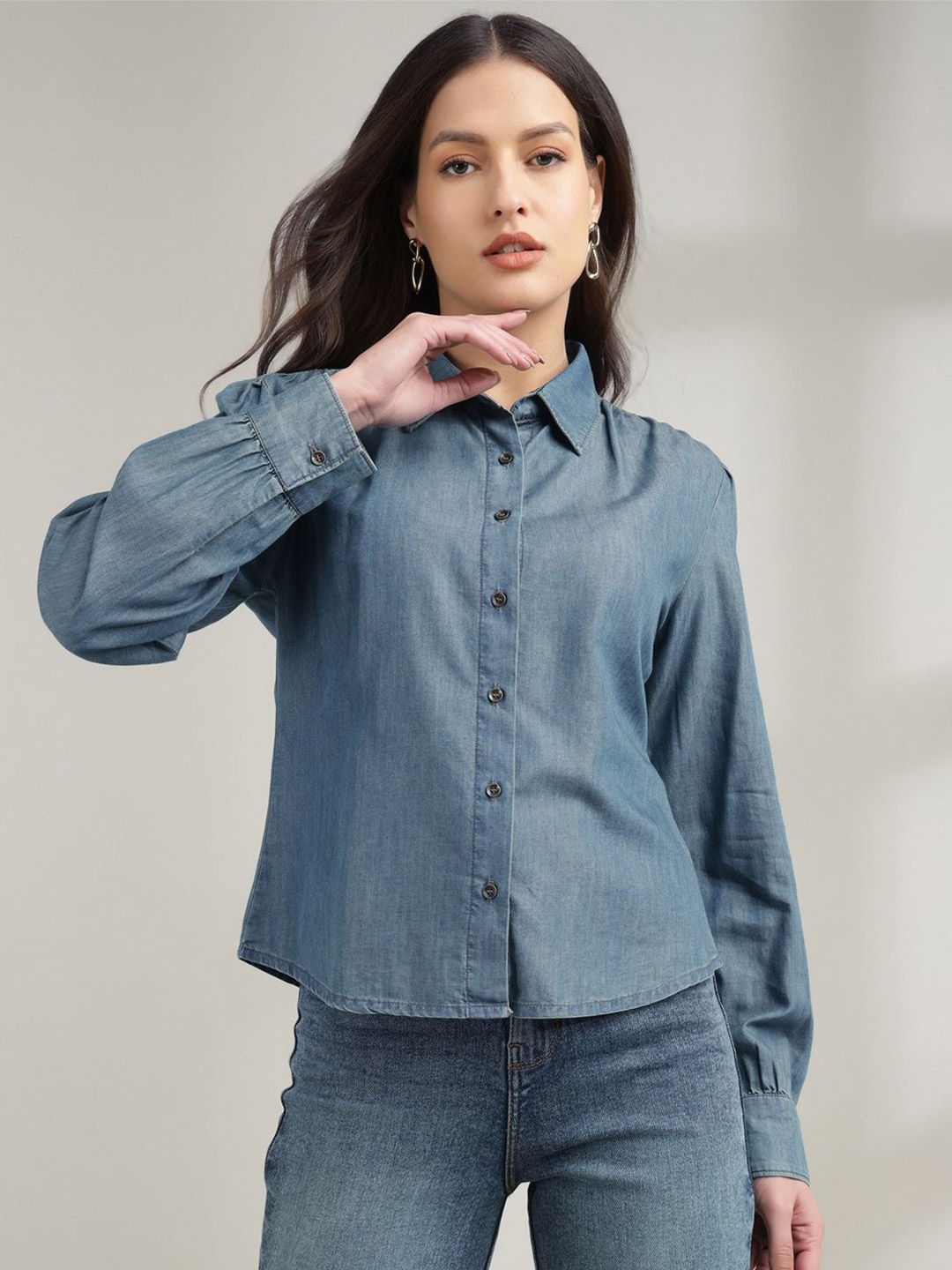 

Xpose Women Comfort Tailored Fit Spread Collar Solid Denim Shirt, Blue
